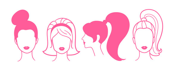 Line art female portraits in pink colors. Minimalistic vector illustrations