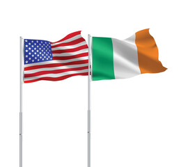 American and Ireland flags together.USA,Ireland flags on pole