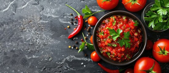 Ingredients needed to prepare tomato salsa (salsa roja), a traditional Mexican sauce, displayed on a grey slate, stone, or concrete surface. Viewed from above with space for text.