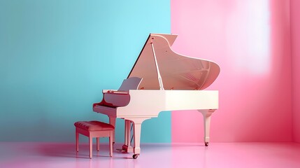 Pink grand piano on pink and blue background