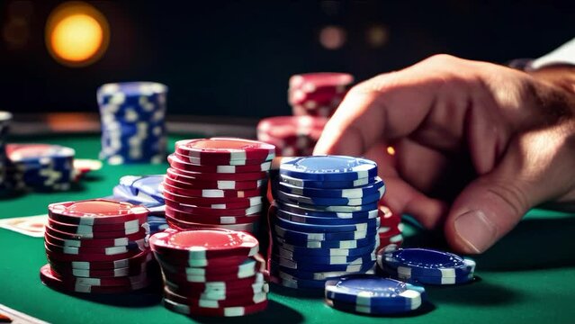 casino. roulette game. close-up. man takes away won poker chips.