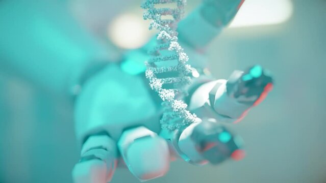 Robot hand holding DNA sequence double helix, concept of future technology, AI bio medicine, science in medical field