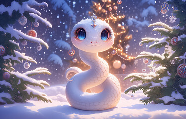 2025 A cartoon 3D snake is standing in front of a Christmas tree. The tree is decorated with many ornaments, including a large gold ball.