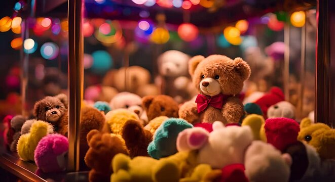 Stuffed animals in an arcade machine. Hook machine.