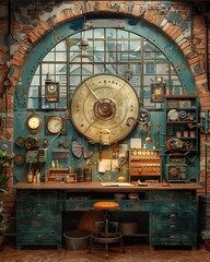A whimsical steampunk workshop where dreams are forged from gears and ingenuity, retro aesthetic, collage of a 70s style, contemporary art. classic illustration of a 50s era, vintage & pop background,
