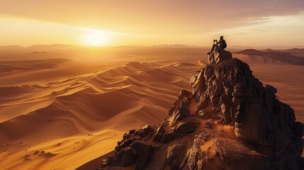 View of a tourist with a camera on a rock formation among sand dunes at sunset in the Sahara desert,