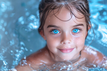 Caucasian little girl swims having fun with water splash at swimming pool