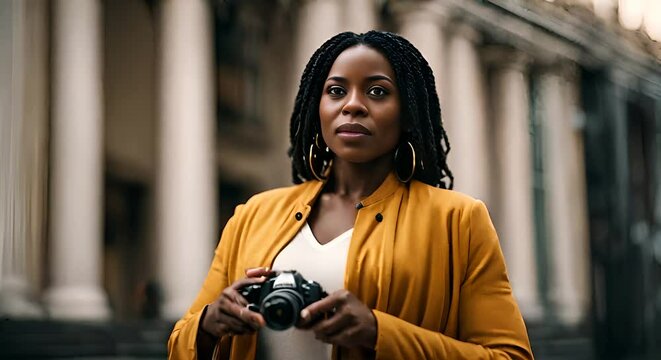 Black woman photographer with a camera.