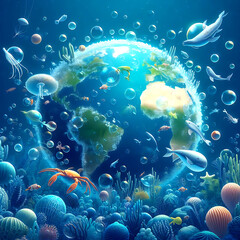 World Oceans Day 8 June Save our ocean with beautiful coral and seaweed background 3D text.