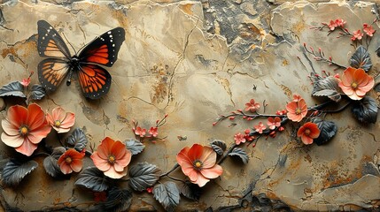 panel wall art, marble background with flowers designs and butterfly silhouette, wall decoration