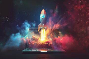 A symbol of modern technology, online marketing, and success in business: a rocket bursts out of a laptop screen with a colorful explosion. - obrazy, fototapety, plakaty