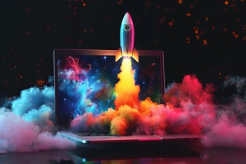 A symbol of modern technology, online marketing, and success in business: a rocket bursts out of a laptop screen with a colorful explosion.