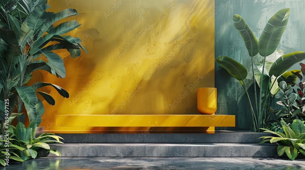 Poster a yellow wall with a green background and a bench in front of it