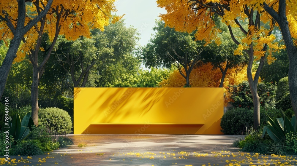 Poster a yellow wall with a bench in front of it