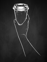 Chalkboard drawing vector sketchy illustration of hand holding disposable paper coffee takeaway cup
