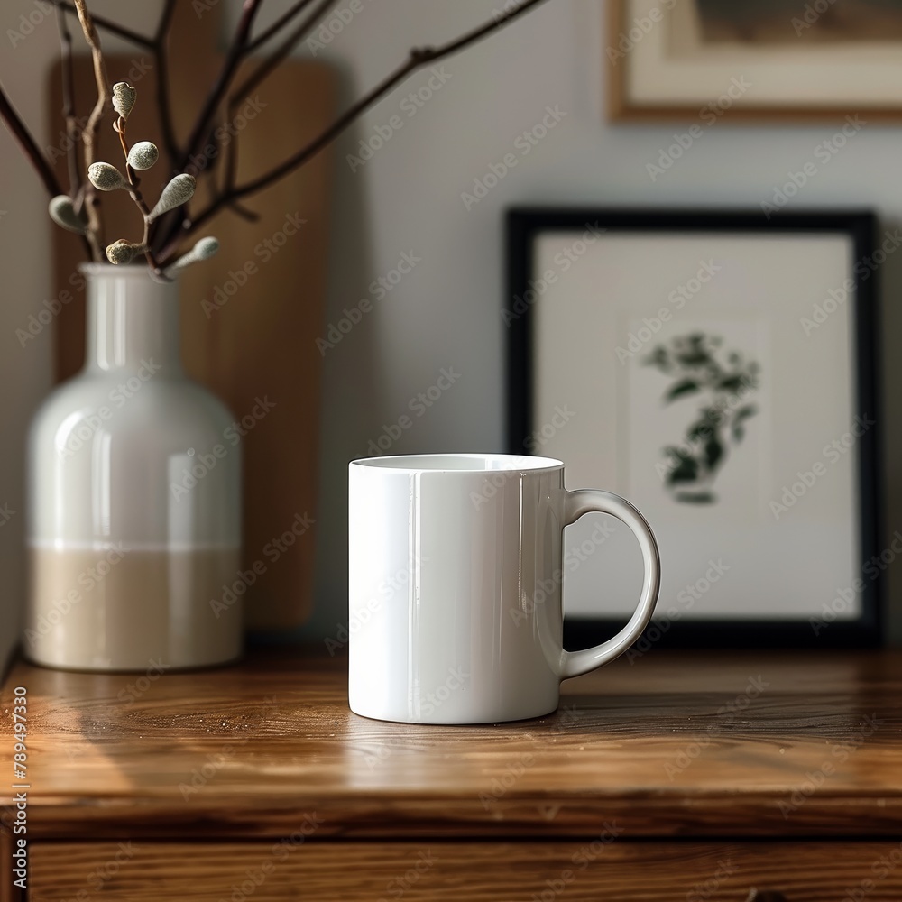 Aufkleber a white coffee mug sits on a wooden table next to a vase and a picture. concept of calm and relaxati