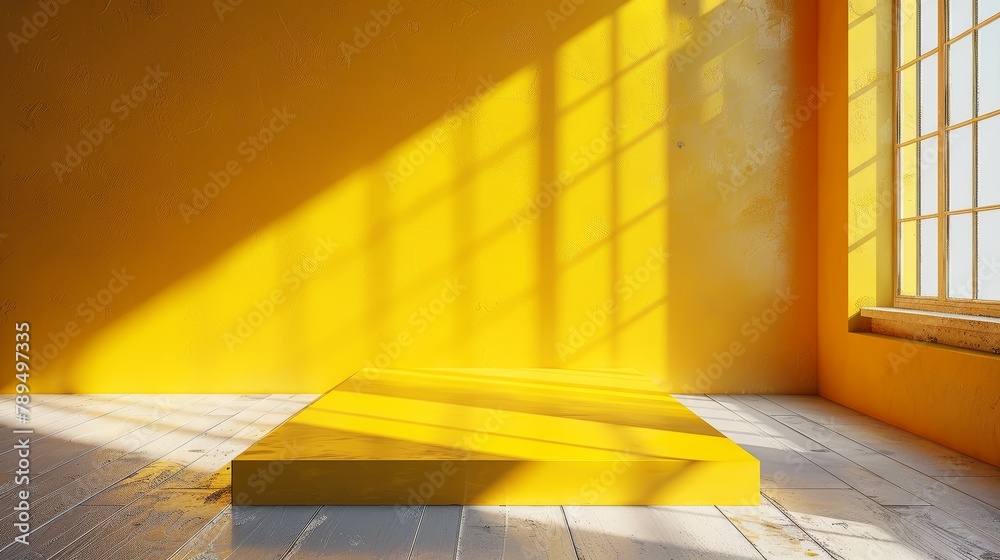 Poster a yellow room with a window and a yellow square on the floor
