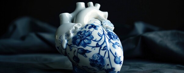 Porcelain in white and blue, featuring a Gzhel painting of a human natural realistic heart.