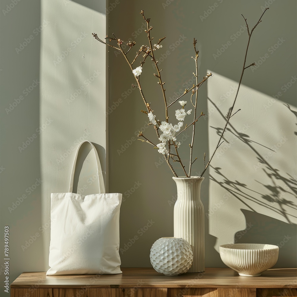 Poster a white bag sits on a table next to a vase and a bowl. the vase is white and has a floral design, wh