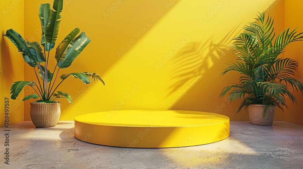 Poster a yellow room with a large round table and a plant in a basket. the plant in the basket adds a touch