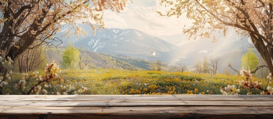 Naklejka na ściany i meble Wooden table with a backdrop of spring scenery.