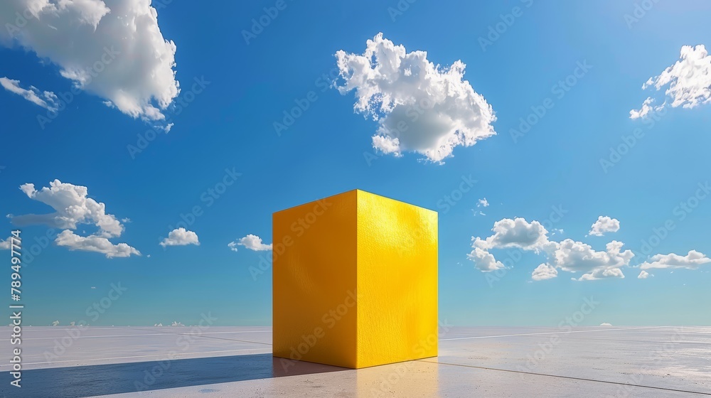 Poster A yellow cube is sitting on a white surface in front of a blue sky. The cube is the only object in the scene, and it is the focal point of the image