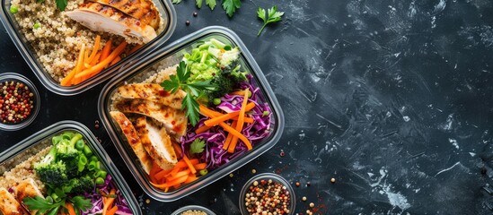 Overhead shot of meal prep containers filled with quinoa, chicken, and cole slaw, with space for text.