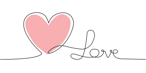 Vector one line art illustration of a love and heart. Heart in line art style for Valentines Day card