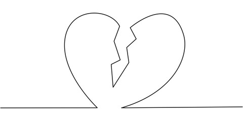 Vector one line art illustration of a broken heart
