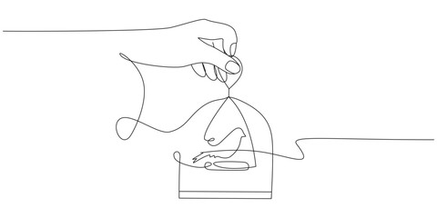 Vector one line illustration of hand holding a bird in a cage. One line drawing