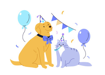 Happy cat and dog together celebrating party with balloons and festival garland. Pets birthday event. Vector illustration. - 789497900