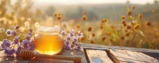 a glass jar of honey, with a wooden honey dipper, resting gracefully on a wooden table surroundded by many flowers and meadow on background - obrazy, fototapety, plakaty