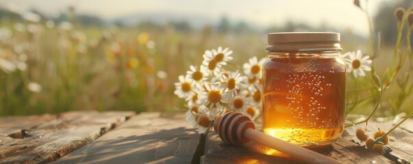 a glass jar of honey, with a wooden honey dipper, resting gracefully on a wooden table surroundded by many flowers and meadow on background