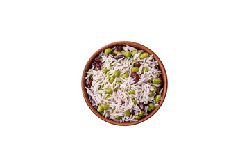 Delicious white cooked rice with green edamame beans with salt and spices