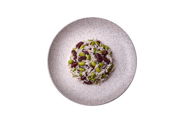 Delicious white cooked rice with green edamame beans with salt and spices