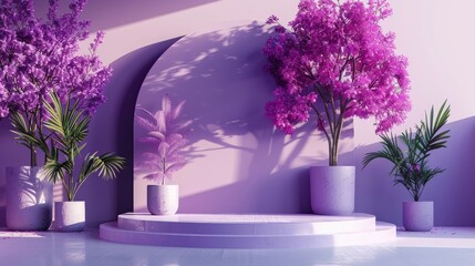 A green room with a large archway, purple flowers