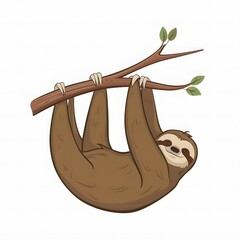  vector illustration of a sloth hanging from a slender, brown tree twig, adorned with three small green leaves at the tip. The sloth's body is depicted using a single vibrant color, without any fur de