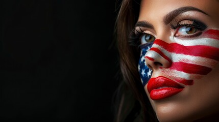 beautiful woman with face painted with usa flag on black background