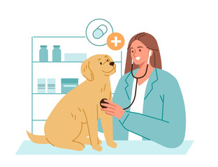 
Veterinarian doctor examining dog with stethoscope at treatment table in vet clinic. Veterinary medicine and pets care concept. Vector illustration.
