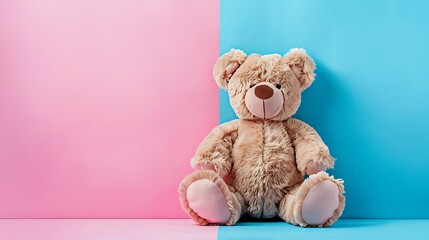Plush toy teddy bear on pink and blue background