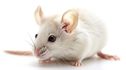 A close-up of a white laboratory mouse isolated on a clean white background.