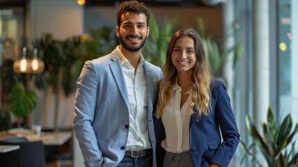 Naklejka premium photo of insurance company employes female and male, smiling, full body view, total angle 