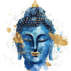A painting of a blue face with gold accents and a gold circle in the middle. The painting is of a Buddha statue