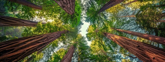 The redwood forest appears magnificent from below, with a variety of tall trees rising skyward in their branches.
