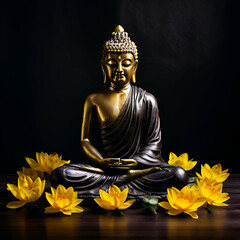 Fototapeta premium Title: Title: golden buddha statue and yellow lotuse flower on empty dark background with copy space yoga meditate