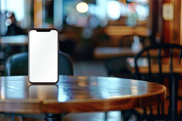 mockup blank white screen smartphone mockup on wooden table in coffee shop