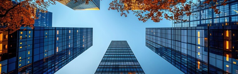 A group of tall buildings standing closely together in an urban setting