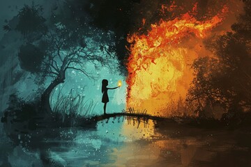Silhouetted against a mystical landscape, a girl holds a flaming matchstick to a tree, setting off a dramatic burst of fire and contrasting cool blues. - obrazy, fototapety, plakaty