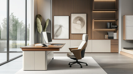 A modern office with a large desk, a comfortable chair, and a few pieces of art on the walls.

