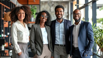 smiling business people in a futuristic office setting. Stock photo. 